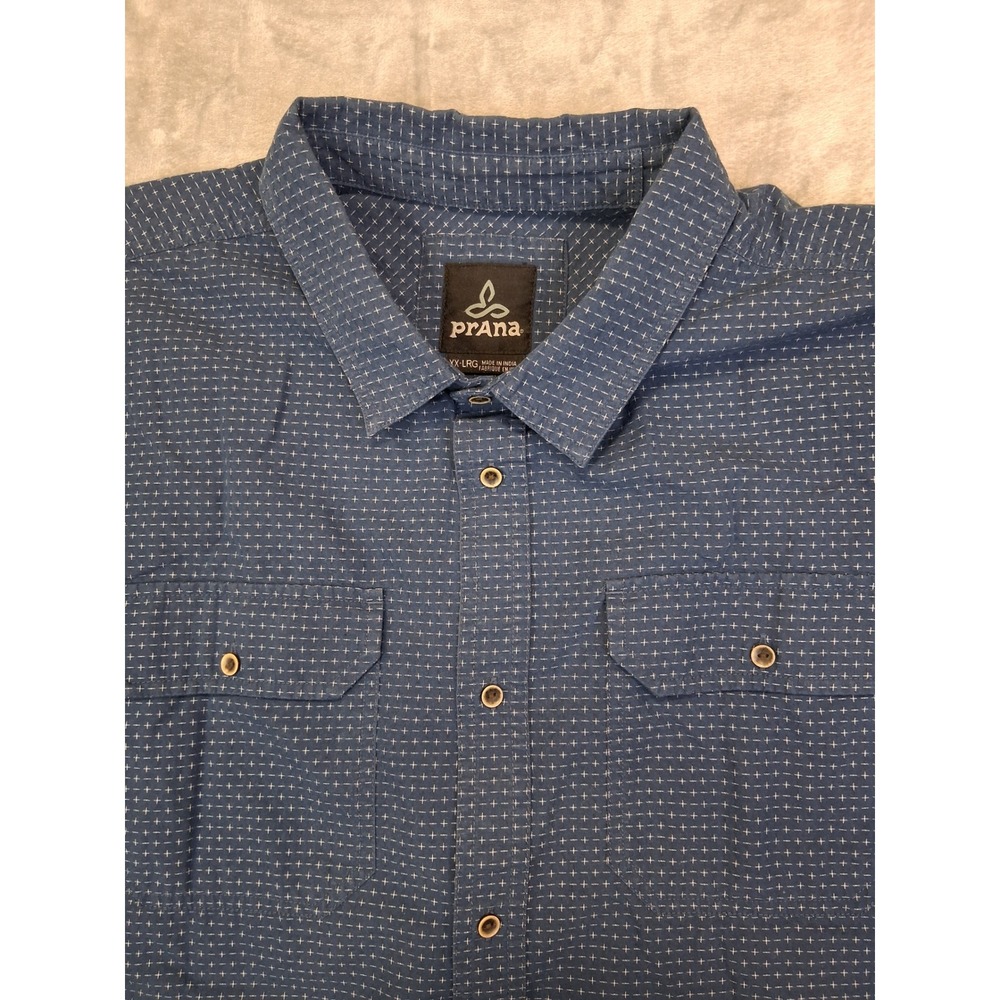 Prana Mens XXL Blue Geometric Plus Sign Short Sleeve Button Up Shirt Pockets